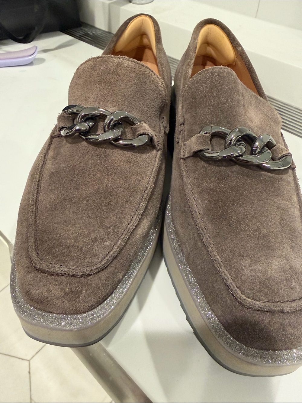 Johnston & Murphy Taupe Suede Chain-Trim Women's Loafers